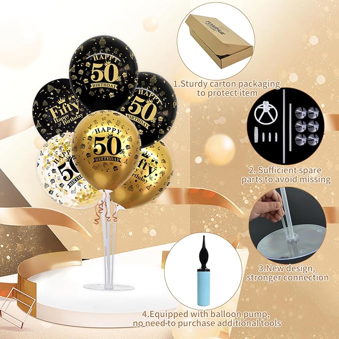 TONIFUL 4 Set Black Gold 50 Printed Balloon Stands - Image 3