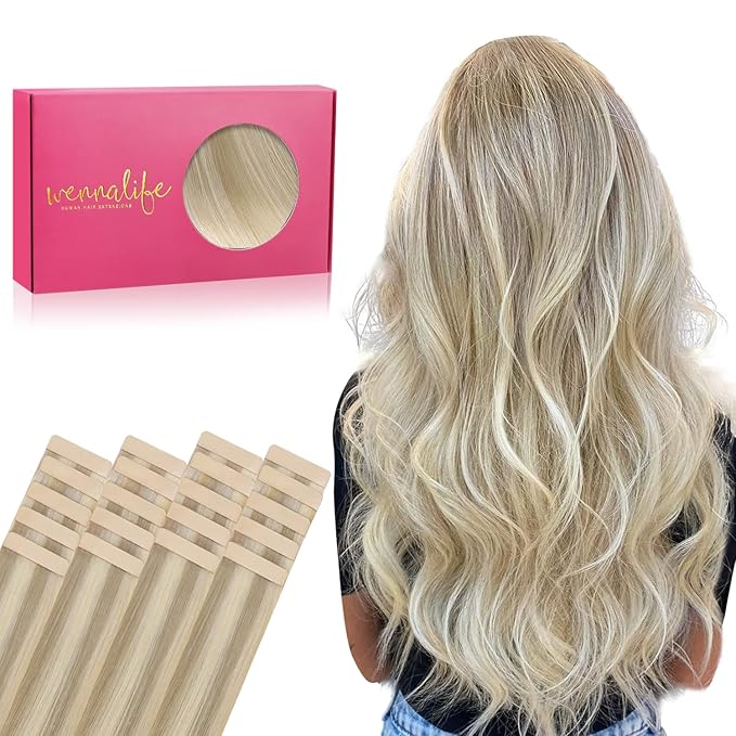 WENNALIFE Tape in Hair Extensions Human Hair, 20pcs 16 inch 50g Ash Blonde to Golden Blonde and Platinum Blonde Remy Tape Hair Extensions Real Human Hair Tape Extensions Coloured Hair Extensions