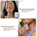 Natural Amor Rose Spa Gift Set – 6 pcs Handmade Self-Care Kit with Body Butter, Bath Salt, Clay Mask, Candle, Jade Roller & Bear Headband – Relaxation Gift for Women