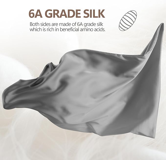 Set of 2 100% Mulberry Silk Pillow Cases - 6A Luxury Silk Pillowcase for Hair and Skin – Anti-Wrinkle, Cooling & Smooth, Hidden Zipper –Grey Silk Pillowcases 2 Pack (Gray, Standard)