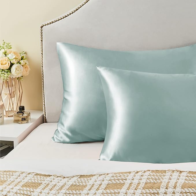 BEDELITE Satin Pillowcase with Zipper, Haze Blue Pillow Cases Queen Size Set of 2, Super Soft and Cooling Similar to Silk Pillow Cases, Gift for Women Men(20x30 Inches)