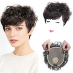 Short Human Hair Topper for Women with Hairloss,Invisible Clip in Short Curly Topper Hairpiece with Large Mesh 6.3x7 Ins and Silk Top Base Natural Fluffy Wiglet Hairpiece Natural Black