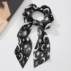 Green Star Hair Ties Elastic Ribbon 2 Pack Sun Moon Black Knotted Bow Hair Scrunchies for Girls No Damage Ponytail Scrunchy with Long Tails
