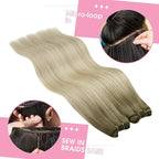 YoungSee Weft Hair Extensions Ombre Blonde Human Hair Extension Sew in Ash Blonde Roots to Platinum Blond Balayage Sew in Hair Extensions Real Human Hair for Women 16Inch 100G