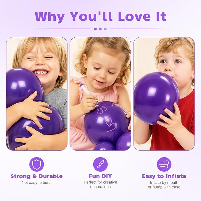 Dark Purple Balloons, 12 Inch Royal Purple Latex Party Balloon | 30 Pack Purple - Image 3