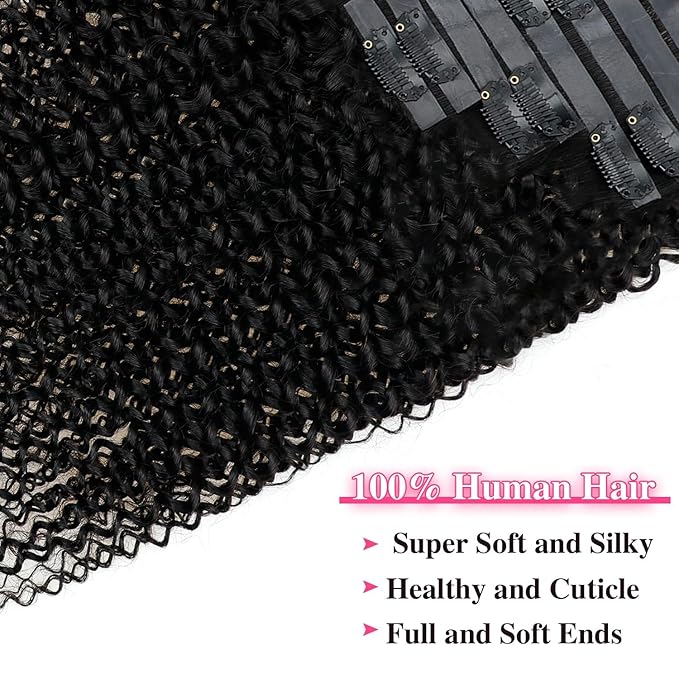 18 Inches Seamless Kinky Curly Clip in Hair Extensions Real Human Hair #1B Natural Color Brazilian Virgin 3c 4a Curly Clip ins Human Hair Extensions