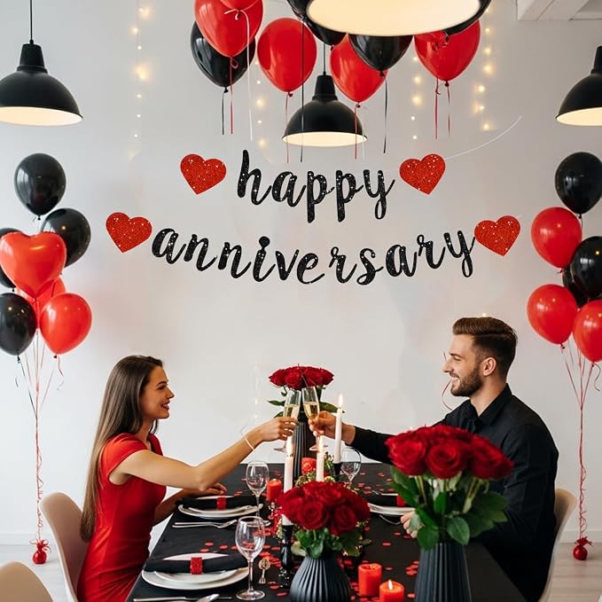 BEISHIDA Glitter Pre-Strung Black Red Happy Anniversary Banner Decoration | NO - Image 4