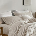 JELLYMONI 100% Natural Cotton Striped Queen Pillowcases Set, 2 Pack White and Khaki Stripes Pattern Printed Pillow Covers with Envelope Closure(Pillows are not Included)