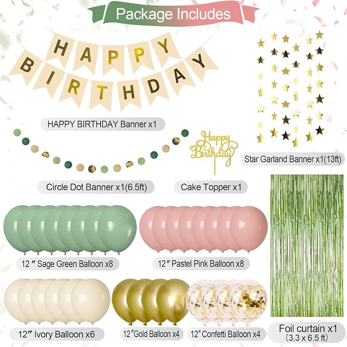 Pink and Sage Green Birthday Party Decorations - Image 2
