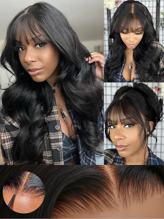 KLAIYI Fluffy Body Wave Curtain Bang Wig Bye Bye Knots Glueless Pre Cut 7x5 Lace Front Wigs Human Hair Loose Wave Pre Bleached Pre Plucked Pre Everything 3S Easy to Wear and Go Wig 180% Density 28Inch
