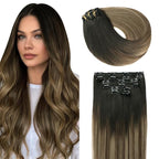 SURNEL Clip in Extensions Human Hair Natural Black to Chocolate Brown and Caramel Blonde Clip in Hair Extensions 18inch 6pcs 120g(#1B/4/27,18'')