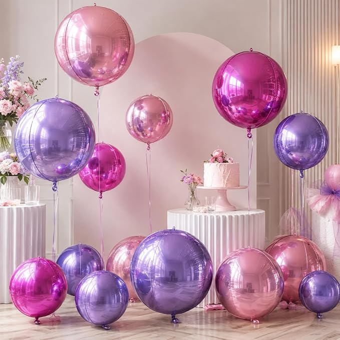 15 Pcs Pink and Purple Round Foil Balloons, 22/15/10 Inch 4D Ball Balloons Hot - Image 7
