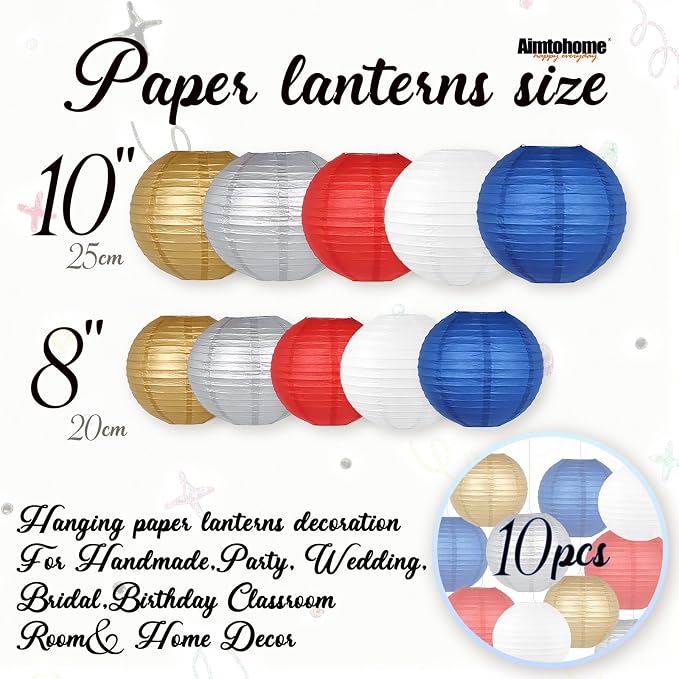 Paper Lanterns Set- 8/10 Inch Royal Blue, Patriotic Holiday, Party Decor - Image 4