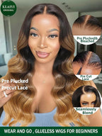 KLAIYI Ombre Highlight Blonde Loose Wave Pre Everything Glueless 13x4 Lace Front Wigs Human Hair Drawstring Balayage Brown Pre Cut Pre Plucked Bleached Ready to Wear and Go Wig with Dark Roots 16Inch
