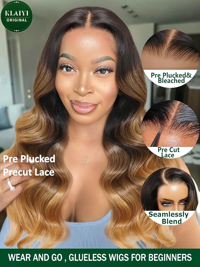 KLAIYI Ombre Highlight Blonde Loose Wave Pre Everything Glueless 13x4 Lace Front Wigs Human Hair Drawstring Balayage Brown Pre Cut Pre Plucked Bleached Ready to Wear and Go Wig with Dark Roots 24Inch
