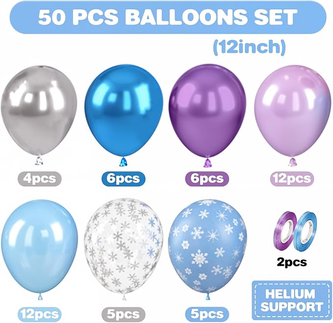 Frozen Balloons, 12 Inch Blue and Purple Balloons, Metallic Silver Blue Frozen - Image 2