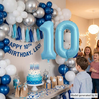 Pearlescent Blue Number 10 Balloon 40 Inch, Large Light Blue Foil 10th Birthday - Image 6