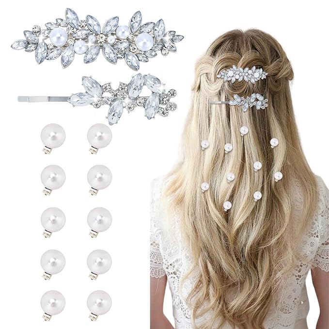 12 Pieces Rhinestone Hair Clips, Include 10 Pearl Mini Rhinestone Hair Pins, 2 Pieces Crystal Rhinestone Hair Clips Leaf Hair Pins Hair Accessories for Wedding, Party, Prom