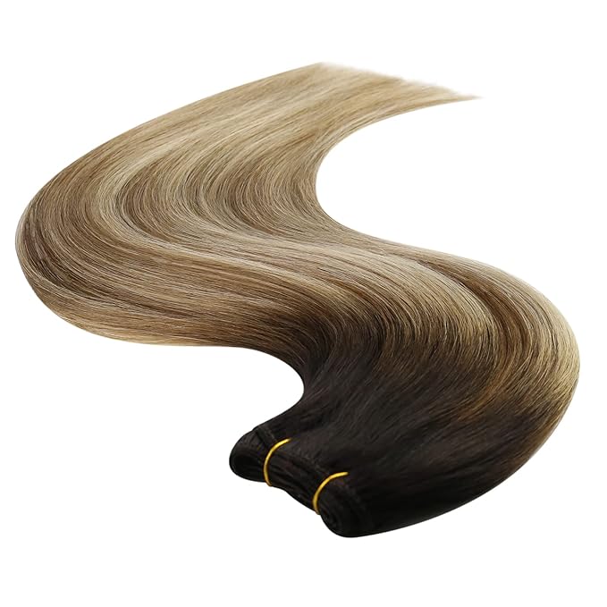 YoungSee Hair Extensions Weft Ombre Sew in Hair Extensions Real Human Hair Brown Balayage Weft Extensions Darkest Roots to Medium Brown with Blonde One Bundle 24Inch 100G