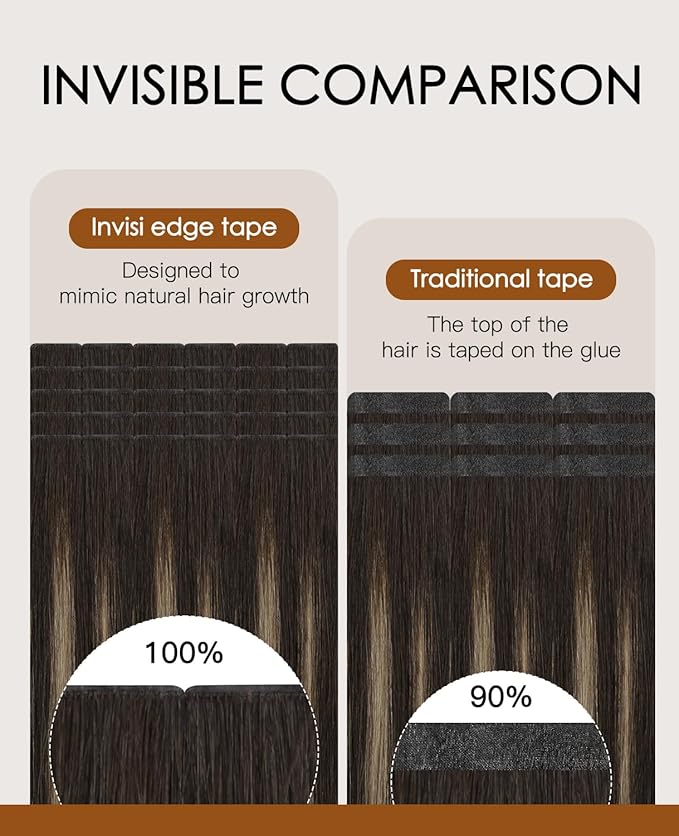 VINBAO Invisi Edge Tape in Extensions Human Hair, 14in 40g 20pcs Balayage Dark Brown Mixed Chestnut Brown Invisible Luxury Injected Tape in Hair Extensions 14inch #2/6/2