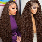 24 Inch Chocolate Brown Deep Wave Lace Front Wigs Human Hair Pre Plucked 200% Density 13x6 HD Lace Frontal Wigs with Baby Hair Deep Curly Wet and Wavy Glueless Wigs for Women (4# Brown, 24 Inch)