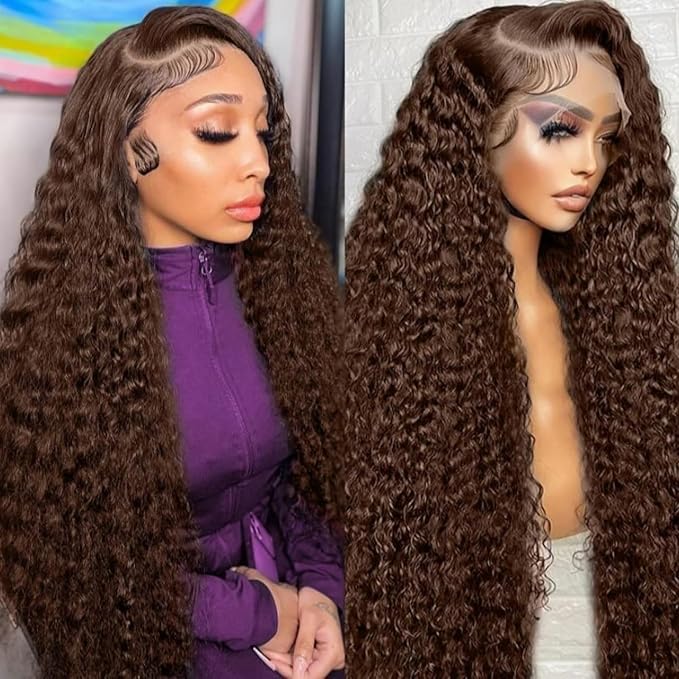28 Inch Chocolate Brown Deep Wave Lace Front Wigs Human Hair Pre Plucked 200% Density 13x6 HD Lace Frontal Wigs with Baby Hair Deep Curly Wet and Wavy Glueless Wigs for Women (4# Brown, 28 Inch)