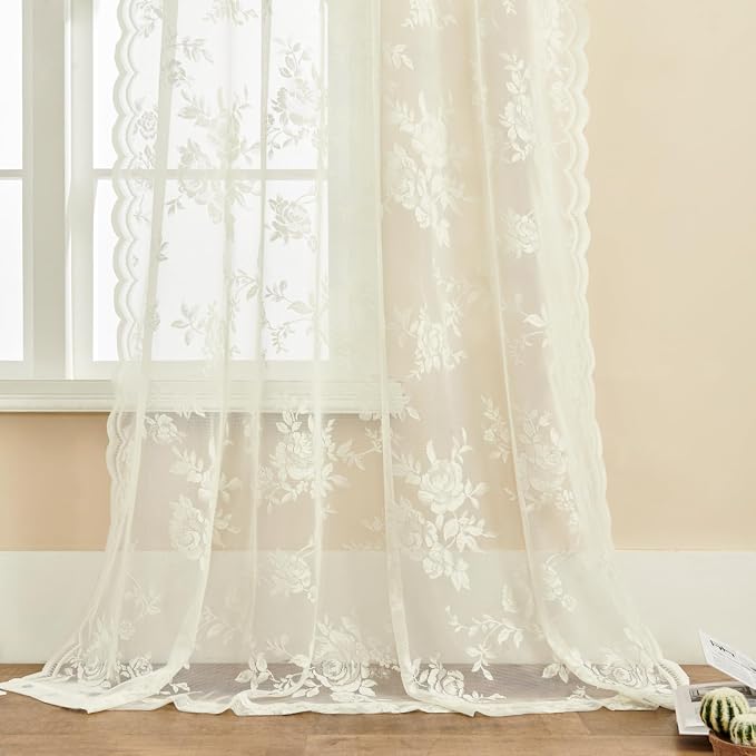 SEEKRIGHT Ivory Lace Curtains 80 Inches Long 2 Panels Victorian Floral Sheer - Image 5
