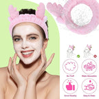 Jowmoy Cute Pink antlers Headband Frog Eye Elastic to Wash Face for Women Makeup Shower Spa.