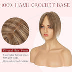Human Hair Topper with Bangs for Women, 360° Cover Clip in Curtain Bangs Hair Toppers Hair Piece with Highlights 3.15x4.33 Hand-tied Base Medium Brown&Dark Blonde