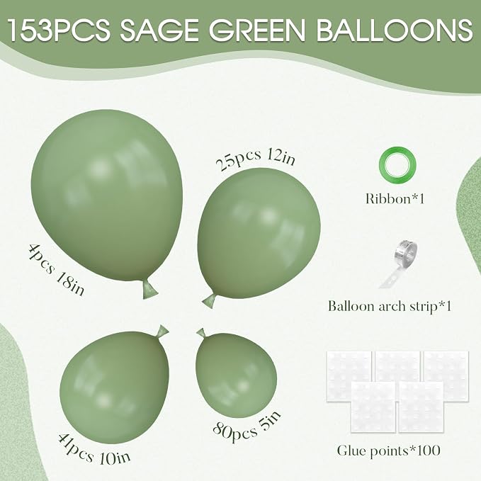 Amandir 153pcs Sage Green Balloons Arch Garland Kit Different Size | 18 12 10 5 - Image 3