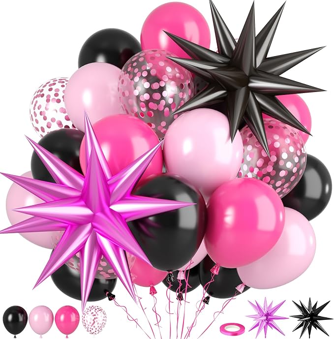 Pink And Black Balloons, 12inch Hot Pink Black Balloons, Confetti Balloon 2pcs by Paready