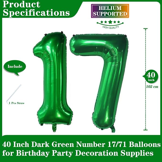 Dark Green 17 Number Balloons, 40 Inch Giant Number 17 Balloons Foil Mylar - Image 2