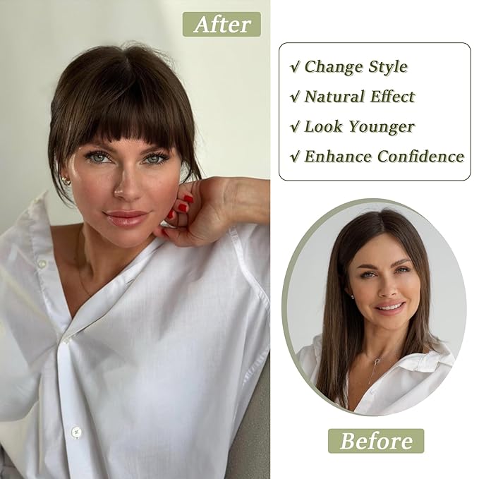 Clip in Bangs Real Human Hair Brown Black French Bangs Fringe with Temples Thick Curtain Bangs Clip on Bangs Curved Fake Bangs Hairpieces for Women for Daily Wear