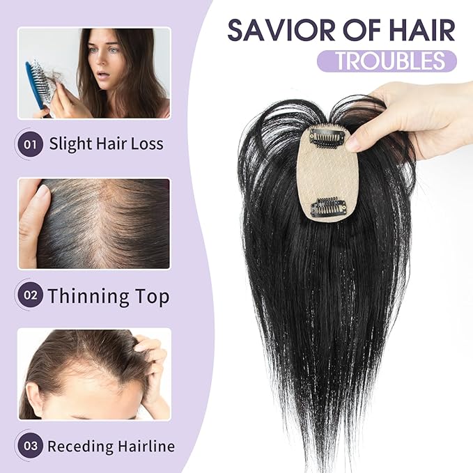 Real Human Hair Topper for Women with Thinning Hair 100% Real Remy Hair Topper for Women, Clip In Hairpiece for Thinning Hairpiece for White HairRoots Cover(8inch, Jet Black)