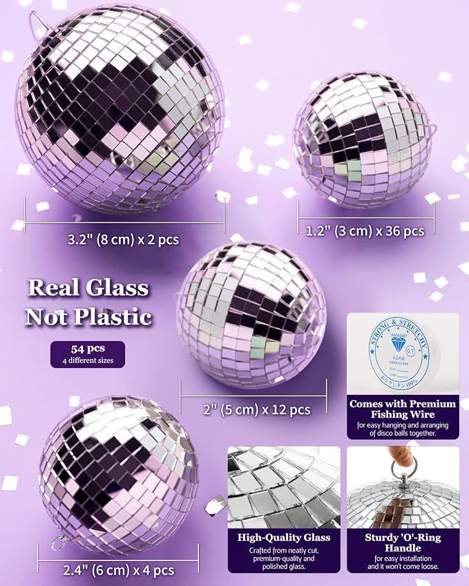 Youdepot 54PCS Mini Silver Disco Balls Hanging Disco Ball Ornaments | - Image 7