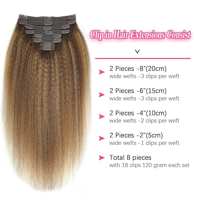 Kinky Straight Clip in Hair Extensions Real Human Highlight Clip ins For Women Unprocessed Clip on Hair Extensions(24inch,#4/27/4)