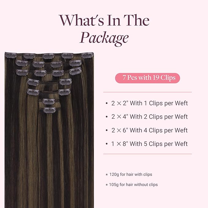 GOO GOO Clip in Hair Extensions Real Human Hair, Remy Human Hair Extensions Clip ins for Women, Natural Human Hair, 12inch 85g 7 Pcs, #2/6 Dark Brown Highlighted Chestnut Brown Invisible Blending