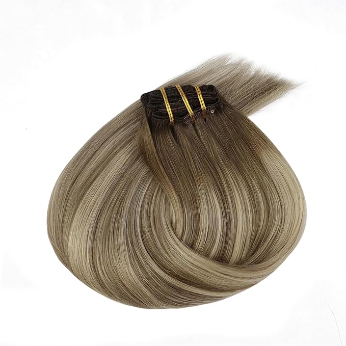 Ve Sunny Balayage Clip in Hair Extensions Real Human Hair Double Weft Remy Hair Clip in Human Hair Extensions Walnut Brown Ombre Light Brown with Blonde 18inch 120g 7pcs
