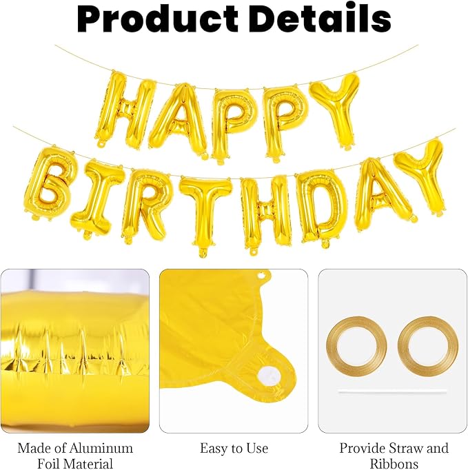 65 Pcs Gold Happy Birthday Balloons, 2 Sets A-Z Gold Letters Foil Balloons - Image 5