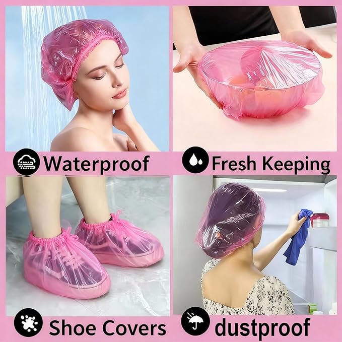 200 PCS Disposable Shower Caps Thickened Waterproof Hair Bath Caps for Women Men Girls Travel Spa Hotel Home Use Salon - Multi-Purpose Elastic Plastic Shower Caps, Essentials Accessories 18.1" (Pink)