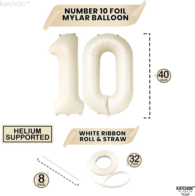 KatchOn Cream 10 Balloon Number 40 Inch, 10th Birthday Decorations | 10th - Image 2