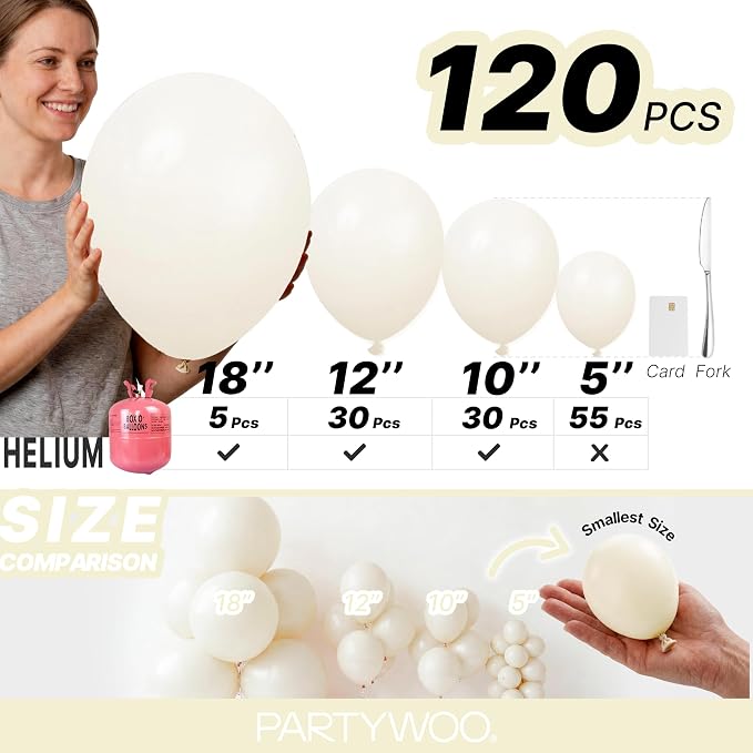PartyWoo Beige Balloons 120pcs Cream Ivory Color 18 12 10 5 Inch | Balloons - Image 6
