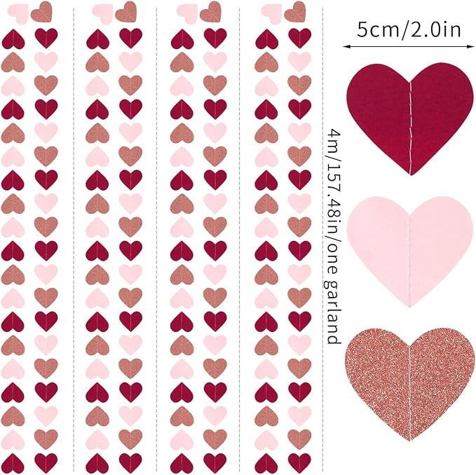 Burgundy-Red Rose-Gold Valentines Party-Decorations Heart-Garland - 52ft Pink - Image 2
