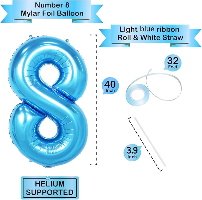 40 Inch Blue Number Balloons, Helium Mylar Foil Number Balloons - Image 3