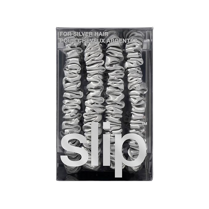 slip Silk Skinny Scrunchies - Silver | Set of 4 Skinny Scrunchies | 100% Mulberry Silk, Anti-Crease, Gentle on Hair, Reduces Breakage | Stylish & Durable, Ideal for All Hair Types