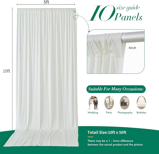 50 ft x 10 ft Wrinkle Free Ivory Backdrop Curtain - Image 6