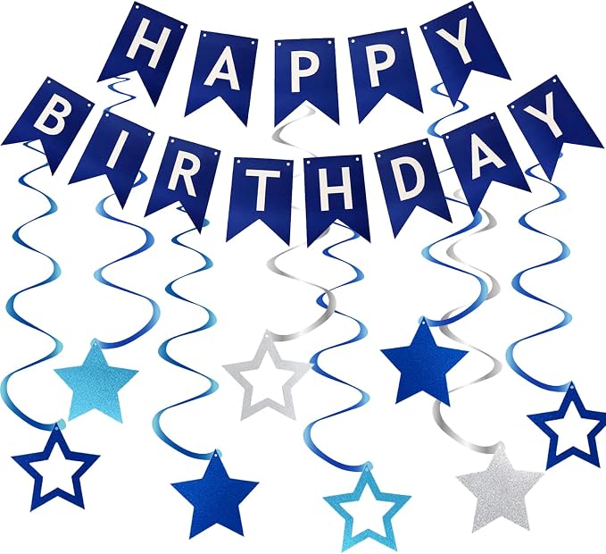 ZHENGYE Blue Happy Birthday Banner Hanging Swirls Star Birthday Party by ZHENGYE