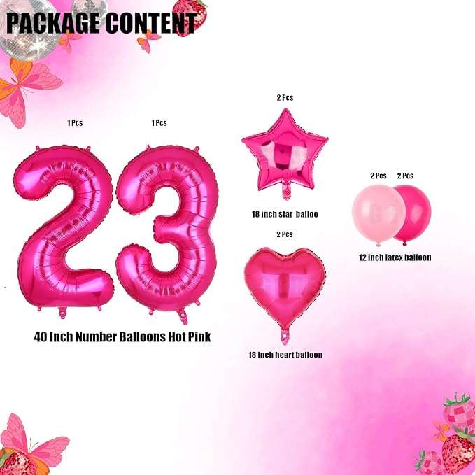 40 Inch Number Balloon Hot Pink 23 Set Pink Theme 23rd Birthday Decor 10Pcs | - Image 2