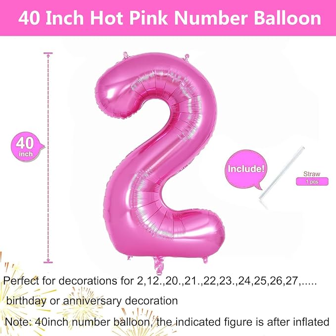 Pink Number Balloons, Large Hot pink Number 2 Balloon 40 Inch Pink 2 Balloon - Image 2