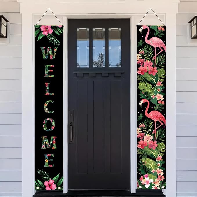 BlissYard 2pcs Black Pink Flamingo Door Banner Summer Hawaiian Porch Banners - Image 4